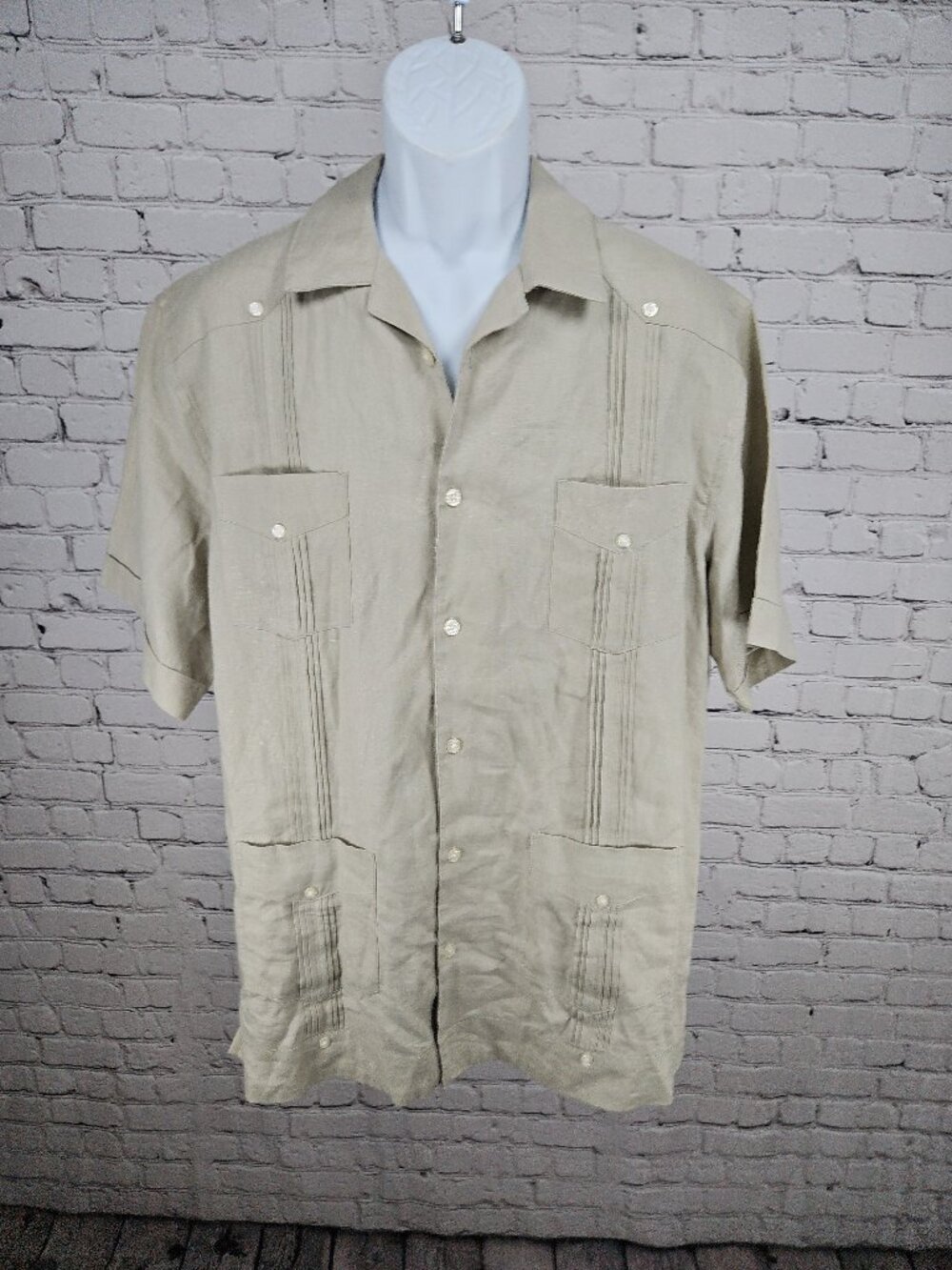 28 Palms Khaki 100% Linen Guayabera Short Sleeve Button Up Shirt Men's L